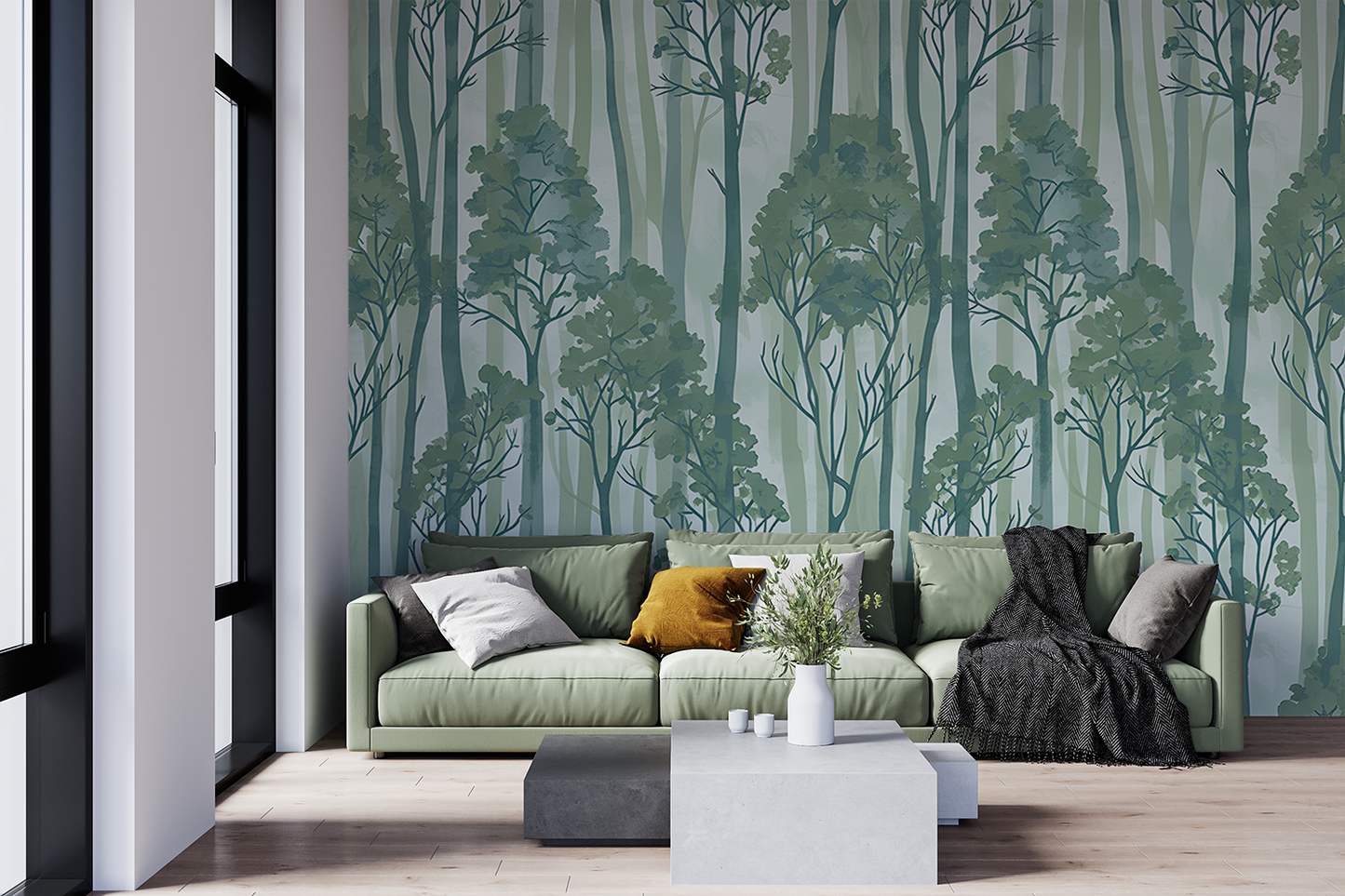 Seamless Sage Green Forest Trees Pattern | Boho Digital Art Download for Wallpaper, Fabric, Gifts & Crafts