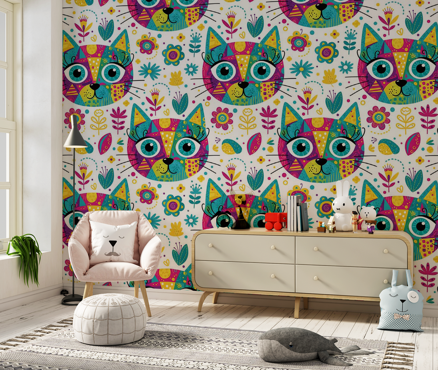 Seamless Cat Head Pattern | Cute Colorful Foliage Digital Download for Wallpaper, Fabric, Gifts & Crafts