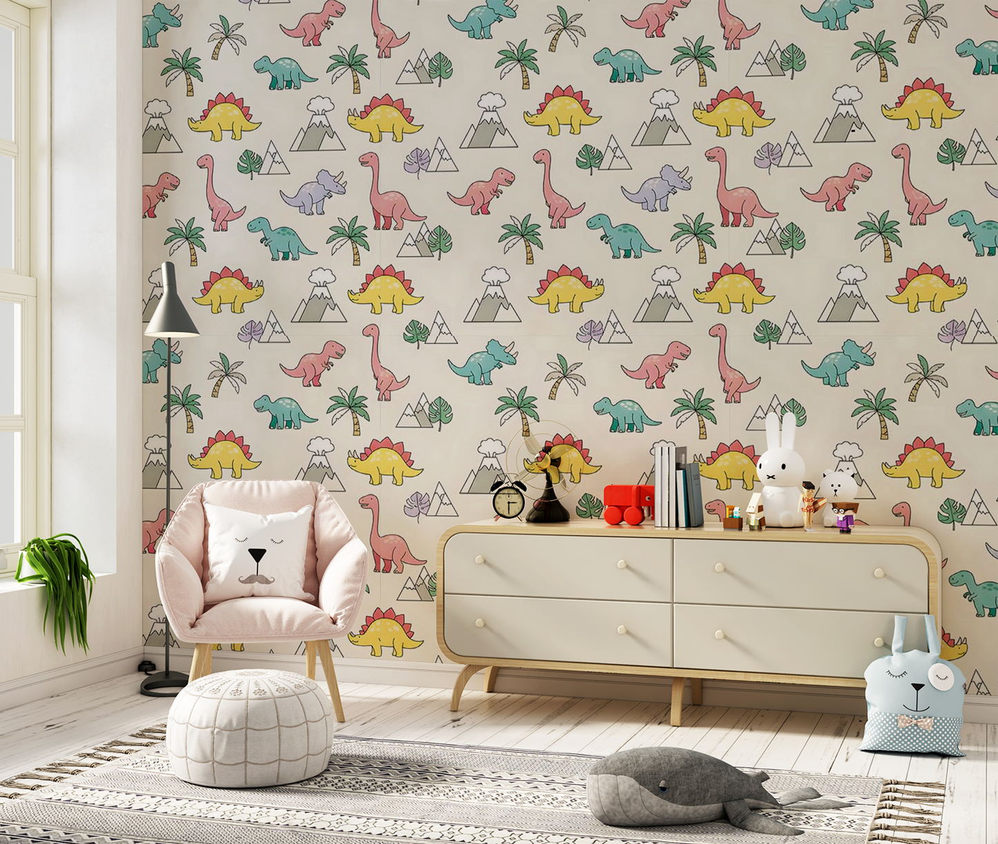 Dinosaur Volcano Wallpaper | Kids Room Digital Art Download | Nursery Seamless Pattern | Printable Wall Decor