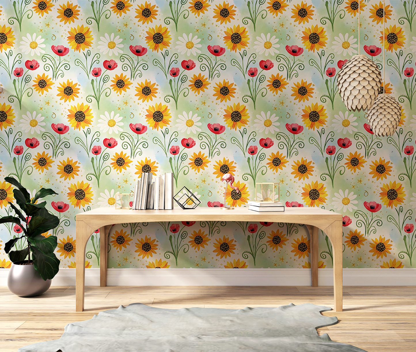 Whimsical Floral Wallpaper | Daisy, Poppy & Sunflower Digital Art | Elegant Seamless Pattern | Printable Wall Decor